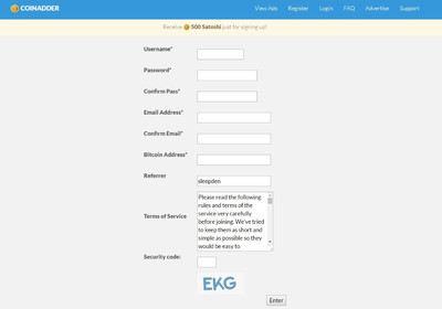 Регистрация на сайте Coinadder